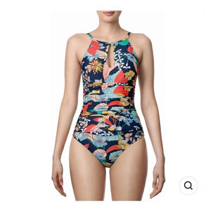 Colorful floral Ellen Tracy high neck keyhole one piece swimsuit size 8